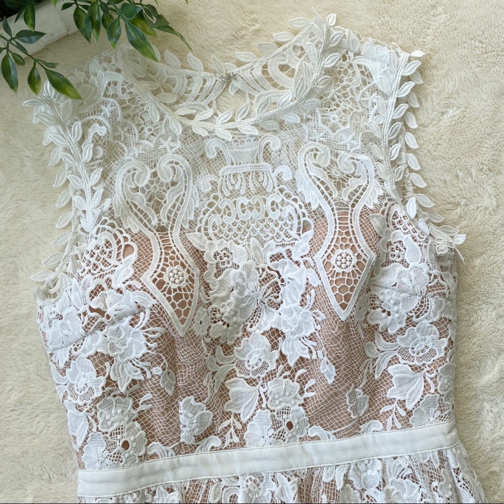 Audrea white guipure lace open back pleated dress